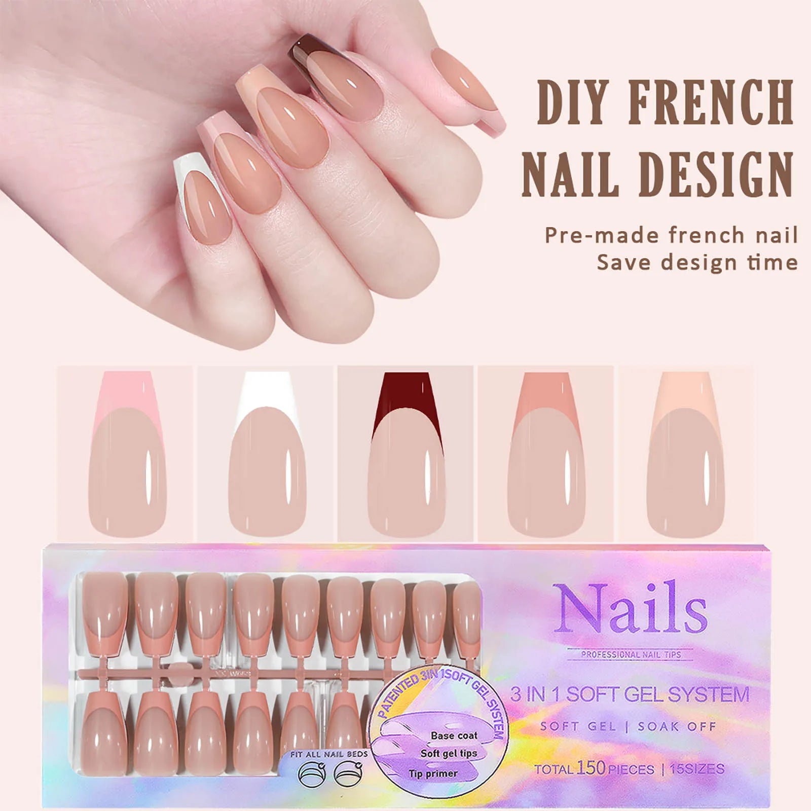 150 Piece Almond French False Nails Set for Easy Application - Smarsty