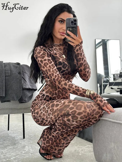 Hugcitar Leopard Print Mesh Long Sleeve Sexy Slim  See Through Maxi Dress Fall Women Fashion Outfits Beach Vacation Club - Smarsty
