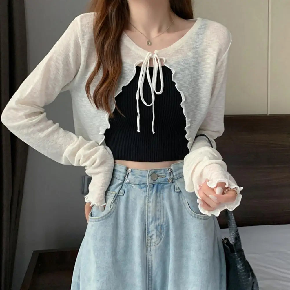 Summer Women Thin Sunscreen Cardigan Lace-up Knitwear Tops Female Korean Style Lantern Sleeve Short Coat Casual Sun Protected - Smarsty