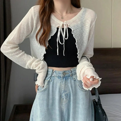 Summer Women Thin Sunscreen Cardigan Lace-up Knitwear Tops Female Korean Style Lantern Sleeve Short Coat Casual Sun Protected - Smarsty
