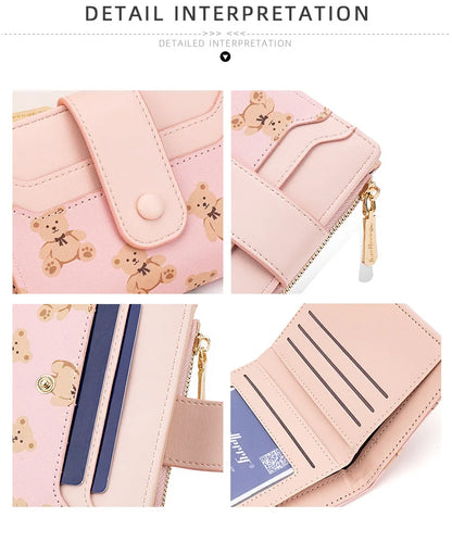 Women Short Wallets PU Leather Female Bifold Purses Cute Bear Card Holder Wallet for Girl Small Zipper Wallet with Coin Purse - Smarsty