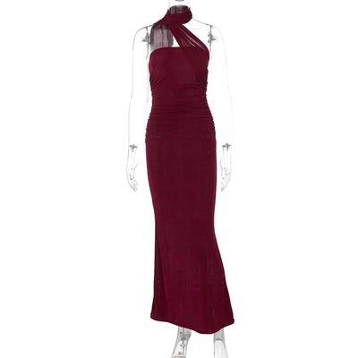 Hugcitar Halter Solid Sleeveless Backless Ruched Sexy Bodycon Maxi Prom Dress Summer Women Elegant Outfit Evening Party Birthday - Smarsty