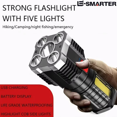 5LED High Power Led Flashlights Rechargeable Camping Spotlight with Side Light 3 Lighting Modes for Camping Adventure Outdoor - Smarsty