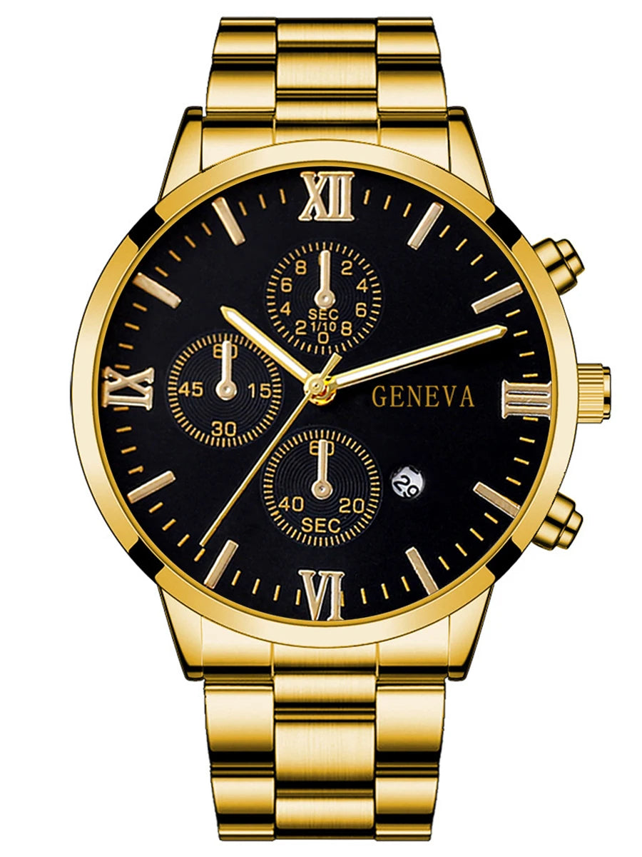 Gold Alloy Men's Quartz Watch and Cross Jewelry Set - Smarsty
