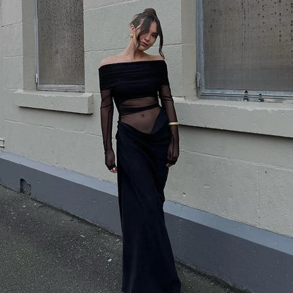 Y2k Summer New Solid Color Long Sleeve Off Shoulder Dresses Sexy Wrap Hip Mesh See Through Ruched Patchwork Long Dress 2024 New - Smarsty
