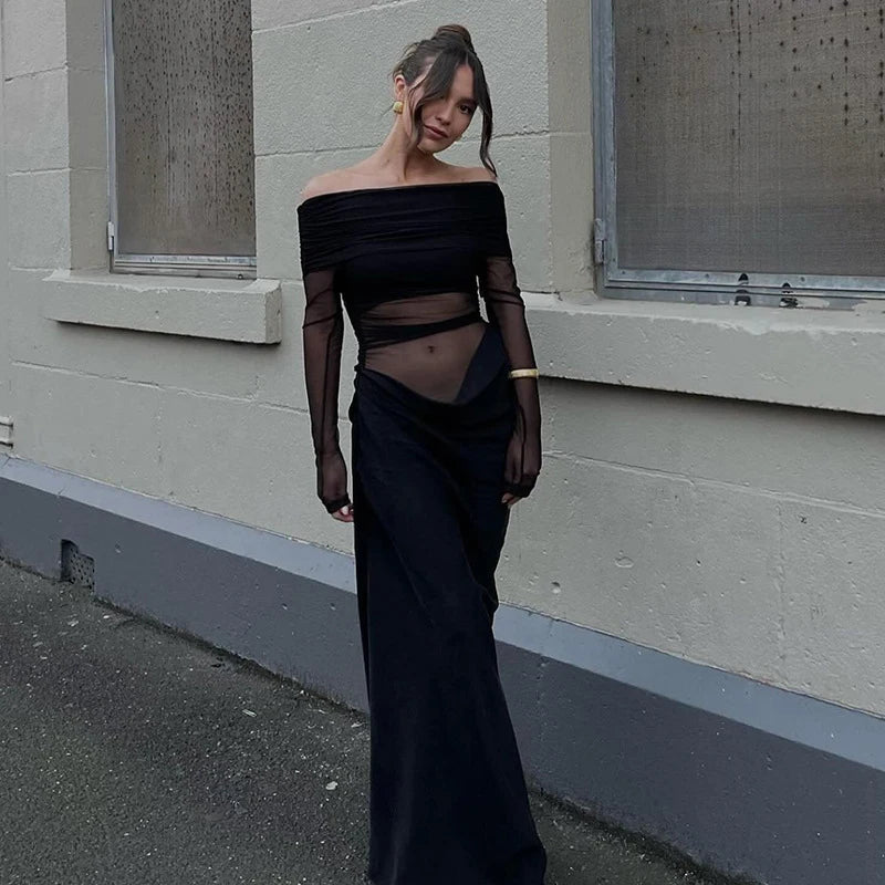 Y2k Summer New Solid Color Long Sleeve Off Shoulder Dresses Sexy Wrap Hip Mesh See Through Ruched Patchwork Long Dress 2024 New - Smarsty