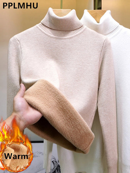 Turtleneck Winter Sweater Women Elegant Thicken Velvet Lined Warm Sueter Knitted Pullover Slim Tops Jersey Knitwear Jumper New - Smarsty