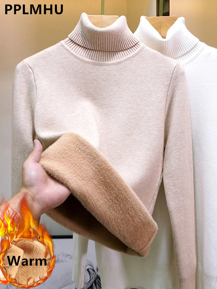 Turtleneck Winter Sweater Women Elegant Thicken Velvet Lined Warm Sueter Knitted Pullover Slim Tops Jersey Knitwear Jumper New - Smarsty