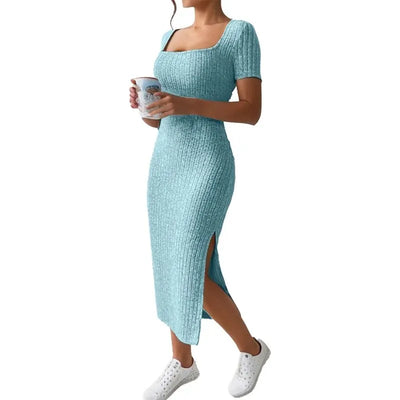 Summer Square Neck, Hip-Hugging Mid-Length Skirt, Short-Sleeved, Versatile Knitted Slit Dress - Smarsty