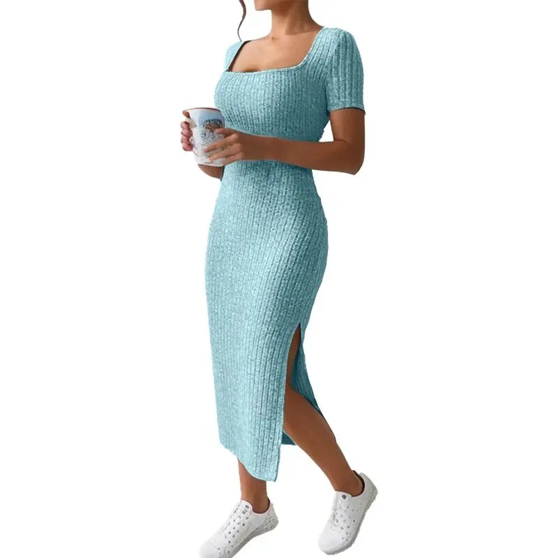 Summer Square Neck, Hip-Hugging Mid-Length Skirt, Short-Sleeved, Versatile Knitted Slit Dress - Smarsty