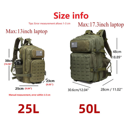 25L/50L Tactical Backpack Bag Hunting MOLLE Backpack GYM For Men EDC Outdoor Hiking Rucksack Witch 2 Bottle Holders - Smarsty