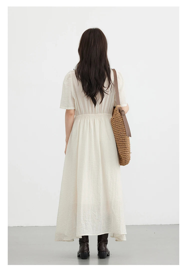 CHIC VEN Women Dresses French Style Vintage V-neck Puff Sleeve Long Dress Solid Black Loose Female Clothing Summer New 2023 - Smarsty