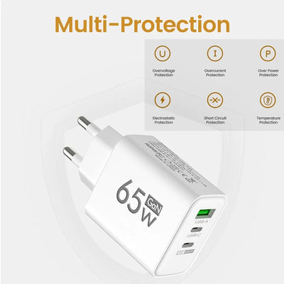 GaN Fast Charging 65W USB Type C Charger EU KR PD 3.0 Quick Charge Wall For Phone Adapter For iPhone 15 Xiaomi Huawei Samsung - Smarsty