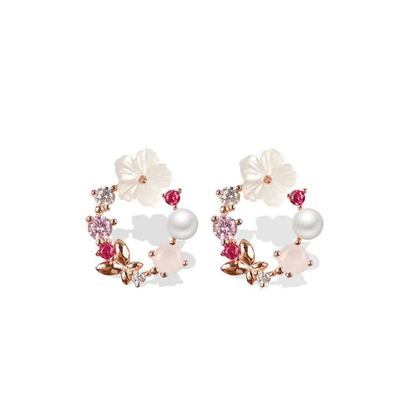 Pink Crystal Butterfly Pearl Stud Earrings For Women - Smarsty