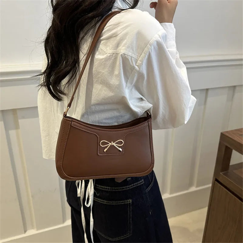 Metal Bow Shoulder Bag For Women With Classic Baguette - Smarsty