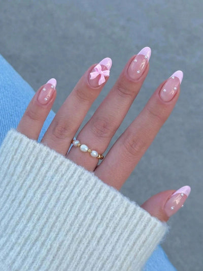 24PCS French Almond Fake Nails with Pearl Trim - Smarsty
