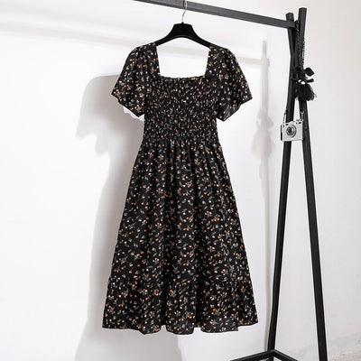 Spring Summer Chiffon Dress Women Midi DressesFemale Short Sleeve Elastic Waist Printed Floral Pleated Backless Casual Dress - Smarsty