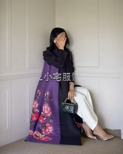 Women's Fold Miyake Pleated Abaya Long Sleeve Print Foldable Collar Robe Cardigan Coat New Winter Fashion Original Design 2024 - Smarsty
