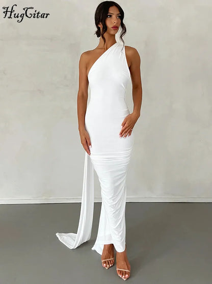 Hugcitar One Shoulder Backless Adjustable Scarf Loop Ruched Sexy Maxi Dress Women Elegant Y2K Streetwear Festival Outfit - Smarsty