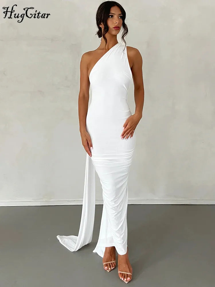 Hugcitar One Shoulder Backless Adjustable Scarf Loop Ruched Sexy Maxi Dress Women Elegant Y2K Streetwear Festival Outfit - Smarsty