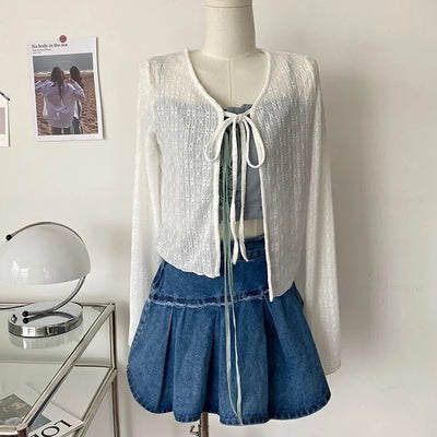 2024 White Tie Up Summer Cardigan Women Sexy Long Sleeve Sheer Mesh Crop Tops Woman Chic All Match Short Printed T Shirt Mujer - Smarsty