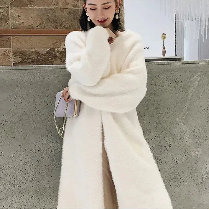 white Long Cardigan for women 2025 new winter clothes Knitted fluffy long sleeve Cashmere sweater coat korean style warm vintage - Smarsty