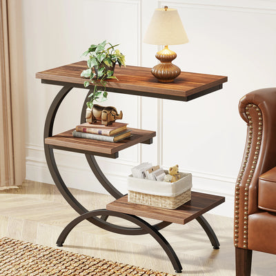 Tribesigns C-Shaped End Table, Industrial 3-Tier Small Table for Couch, Wood Bedside Table Snack Table with Storage Shelves - Smarsty