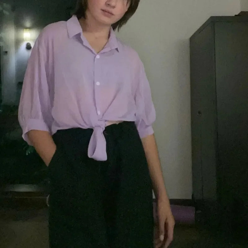 Casual Loose Hollow White Clothes Elegant Solid Color Tied Waist Blouse Women Summer Bat Half Sleeve Button Chiffon Shirt - Smarsty