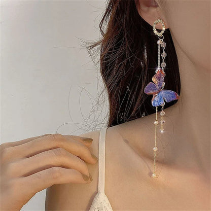 Luxury Women’s Zircon Crystal Pearl Butterfly Tassel Earrings - Smarsty