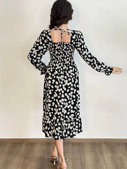 Long Sleeve Casual Dress Women Chiffon Dresses Autumn Spring A-line Printed Floral Elastic Chest Lace Up Midi Dresses Vestidos - Smarsty