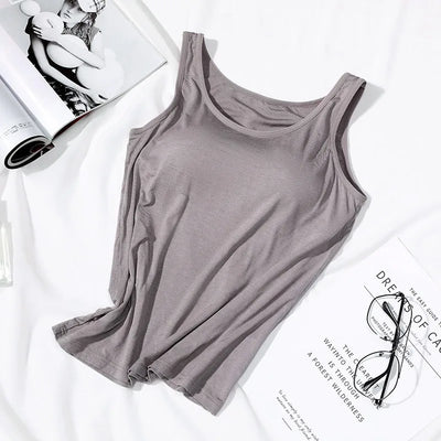 2023 Women's Vest Tops with Built In Bra Neck Vest Solid Color Padded Slim Fit Tank Tops Sexy Shirts Feminino Casual Tank Tops - Smarsty