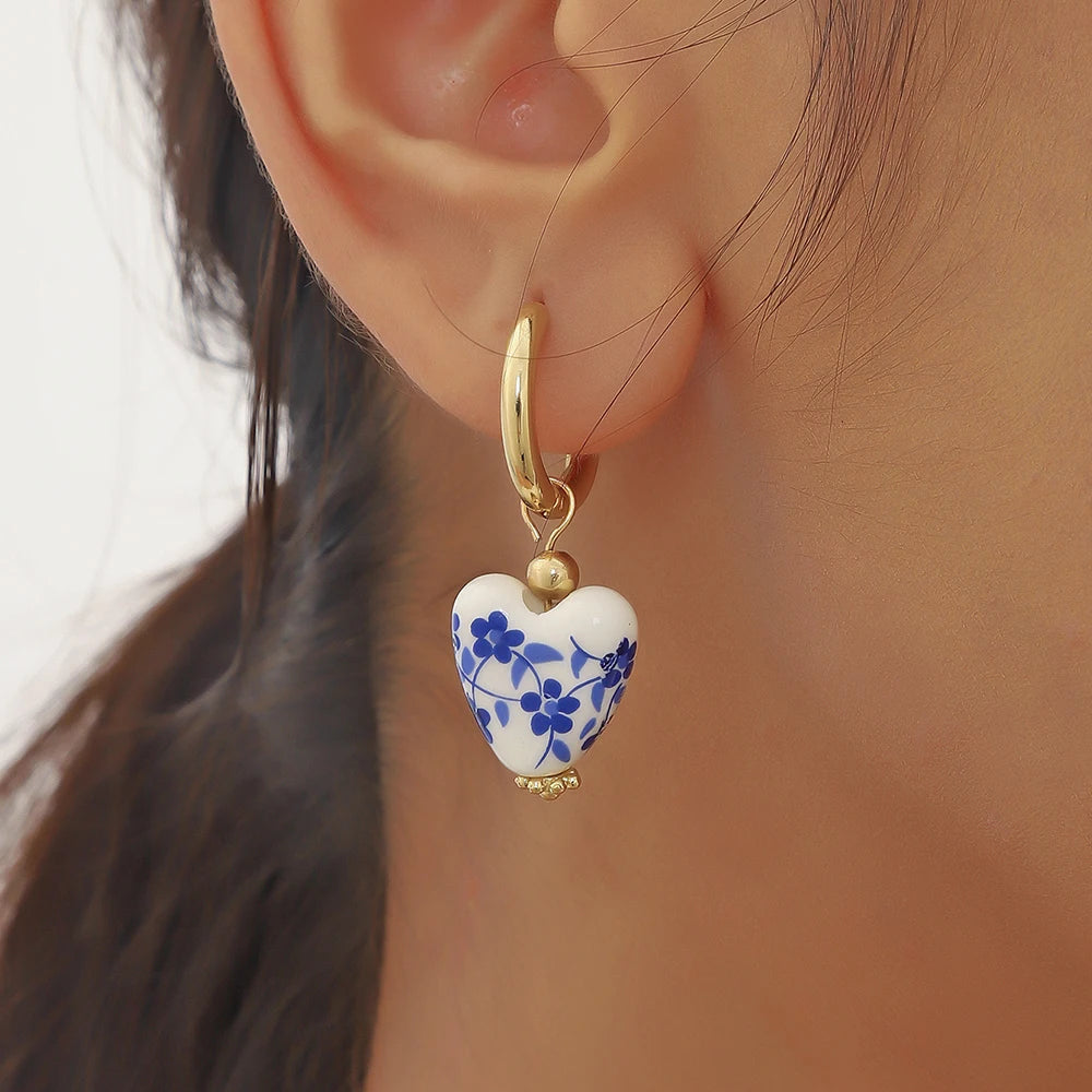 Vintage Blue White Porcelain Teapot Heart Dangle Earrings - Smarsty