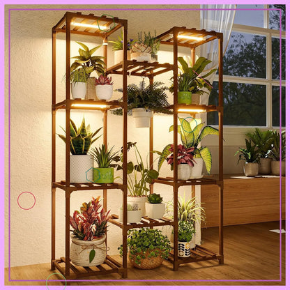 Multi-Tier Plant Stand with Grow Light, Large Wood Shelf for Indoor Outdoor Gardening Decor