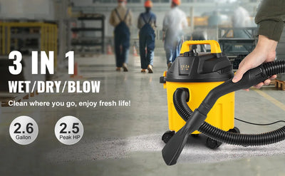 SucceBuy Wet Dry Vac 2.6 Gallon 2.5 Peak HP 3 in 1 Portable Shop Vacuum with Blowing Function  Attachment Storage for Floor - Smarsty