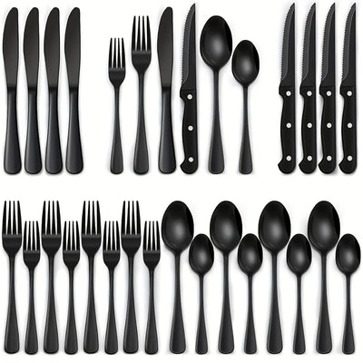 36-Piece Black Silverware Set With Steak Knives, Black Flatware Set Food-Grade Stainless Steel Tableware Cutlery Set
