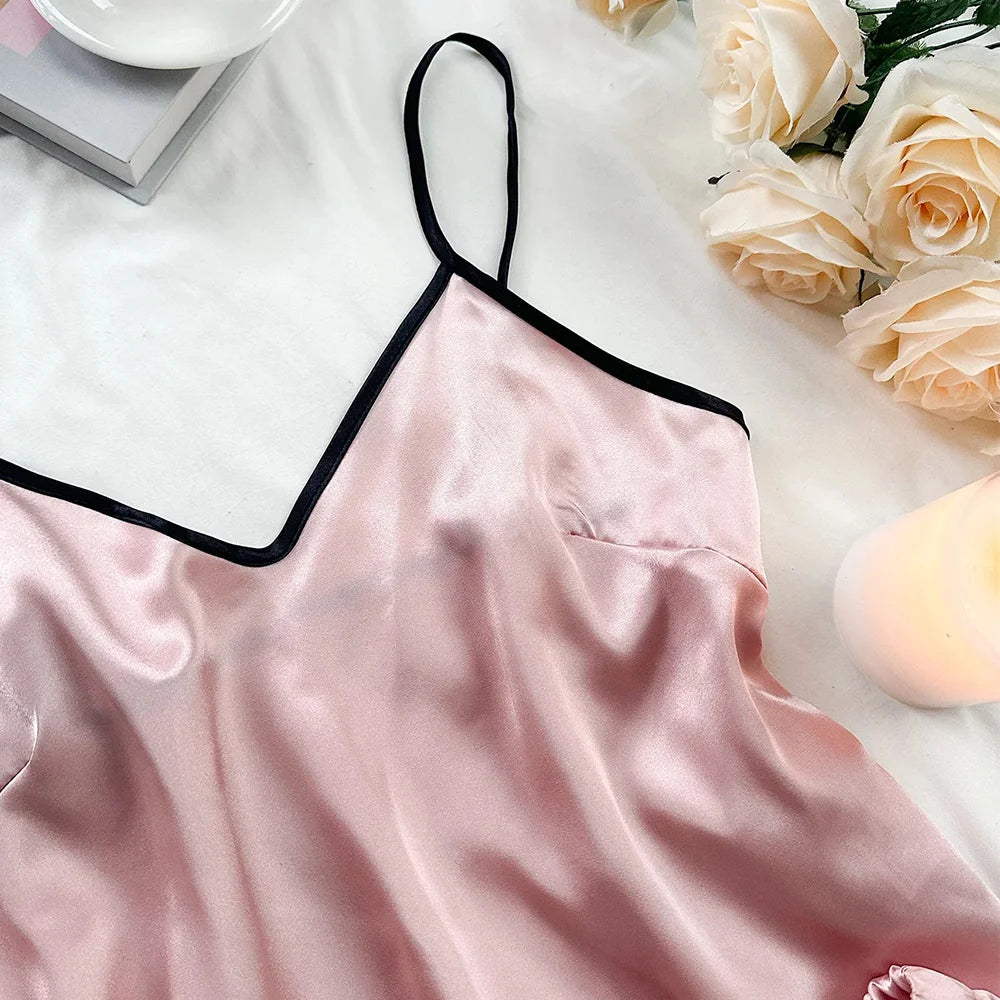 Women's Smooth Satin Pajamas V-Neck T-Shirt Ruffled Edges And Bow Shorts Simple And Breathable Pajama Set Sling Home Clothing - Smarsty