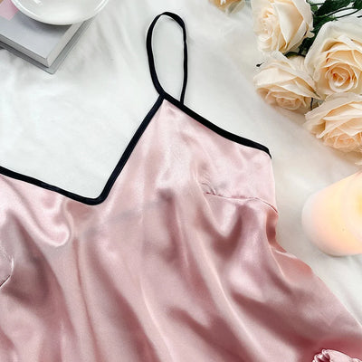 Women's Smooth Satin Pajamas V-Neck T-Shirt Ruffled Edges And Bow Shorts Simple And Breathable Pajama Set Sling Home Clothing - Smarsty