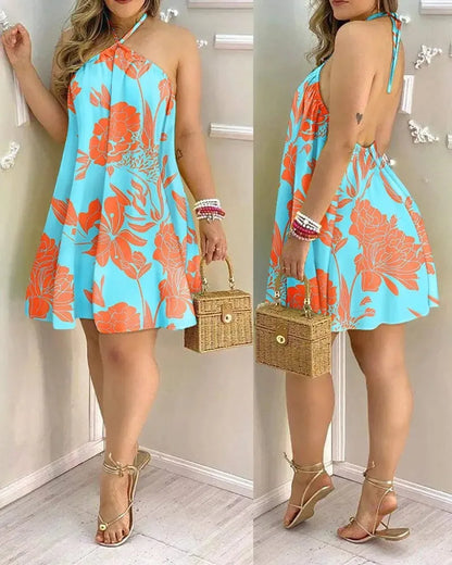 Tropical Print Halter Neck Dress, Vacation Style Backless Dress For Spring & Summer, Women's Clothing - Smarsty