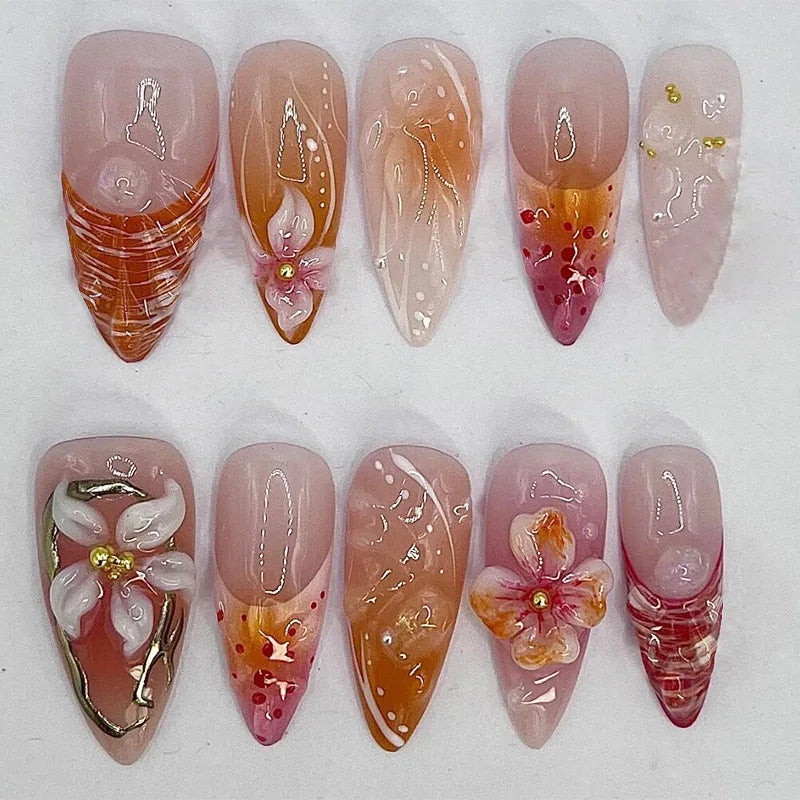Colorful Press On Almond Nails Set with Pearl Flowers - Smarsty