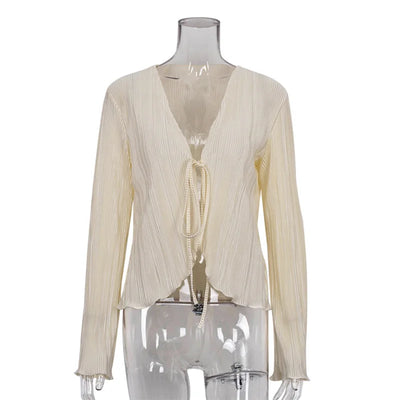 2024 Women Pleated Plain Shirts Spring Fall Chic Long Flare Sleeve V- Neck Tie Up Cardigans Tops for Casual Party Street - Smarsty