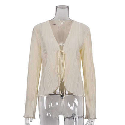 2024 Women Pleated Plain Shirts Spring Fall Chic Long Flare Sleeve V- Neck Tie Up Cardigans Tops for Casual Party Street - Smarsty