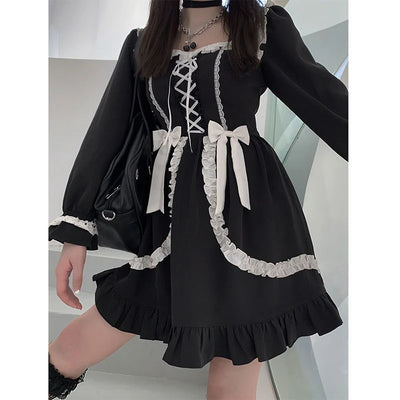Harajuku Sweet Bow Black Plaid Dresses All-match Slim Fit Kawaii Lolita Dress for Women Autumn New Long Sleeve Vestidos De Mujer - Smarsty