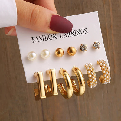 Gold Color Vintage Geometric Pearl Earrings Set For Women - Smarsty