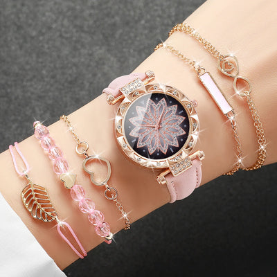 Fashion Heart Dial Women's Watch Set with Leather Band - Smarsty