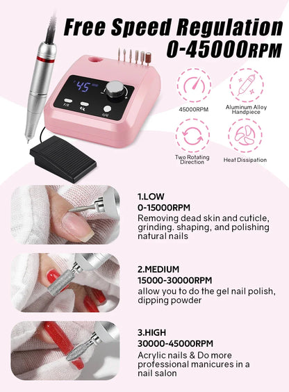 45000 RPM Electric Nail Drill With HD Display - Smarsty