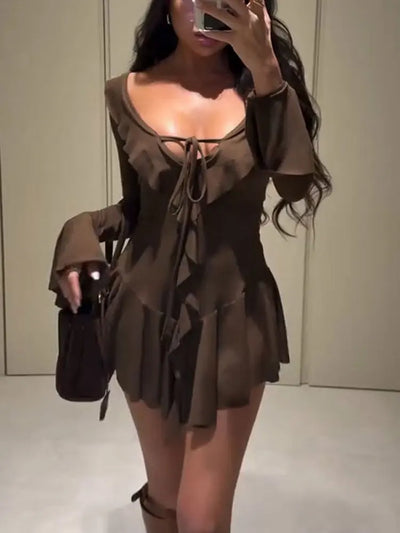 Tossy Ruffled Lace-Up White Mini Dress Women's V-Neck Patchwork Long Sleeve Sexy Slim Dress Bandage Elegant Female Summer Dress - Smarsty