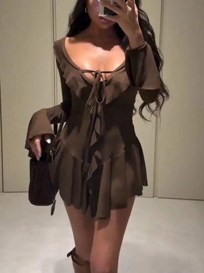 Tossy Ruffled Lace-Up White Mini Dress Women's V-Neck Patchwork Long Sleeve Sexy Slim Dress Bandage Elegant Female Summer Dress - Smarsty