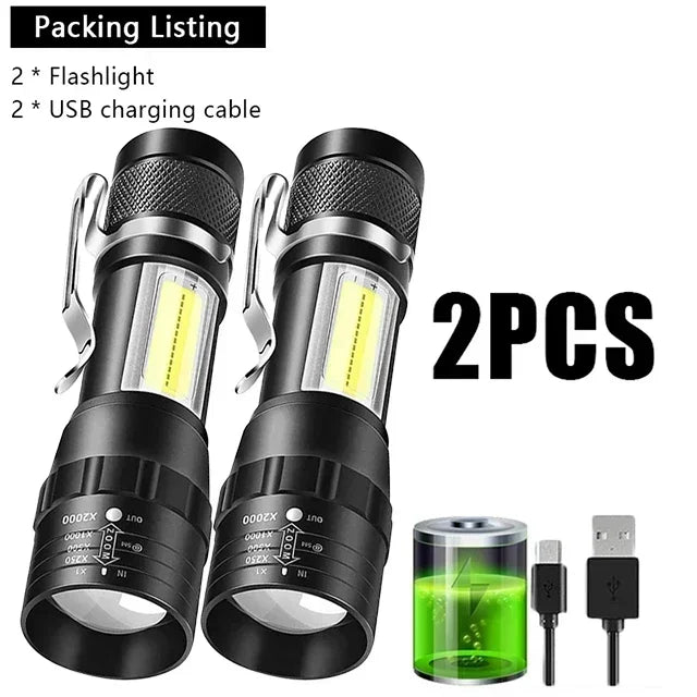 Portable Rechargeable LED Flashlight with Pen Clip Zoomable Waterproof Torch with Side Light Outdoor Camping Emergency Lantern - Smarsty