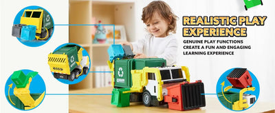 JOYFY Large Friction Powered Garbage Truck Toy Set With Includes Dumpster Trash Bins for Boys Toys Birthday Christmas Gift