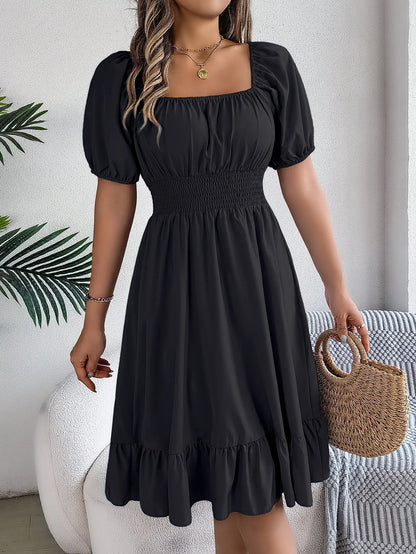 Women's MIidi Dresses 2024 Summer Casual Square Neck Short Sleeved Waist Ruffle Edge Dress Dress Women Elegant Платья Женские - Smarsty